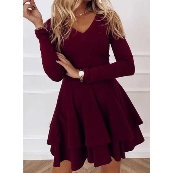 Vintage V-Neck Burgundy Plain Mini Dress