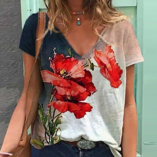 Casual V-Neck Print Short Sleeve Top