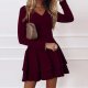 Vintage V-Neck Burgundy Plain Mini Dress