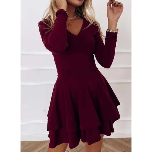 Vintage V-Neck Burgundy Plain Mini Dress