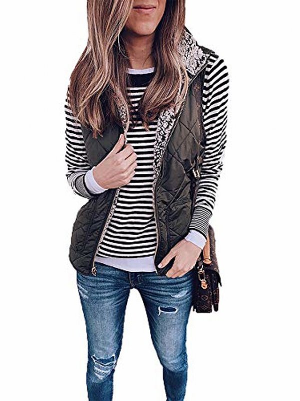 Womens Sherpa Fleece Vest Herringbone Vest Zip Up Reversible Warm Jacket For Women