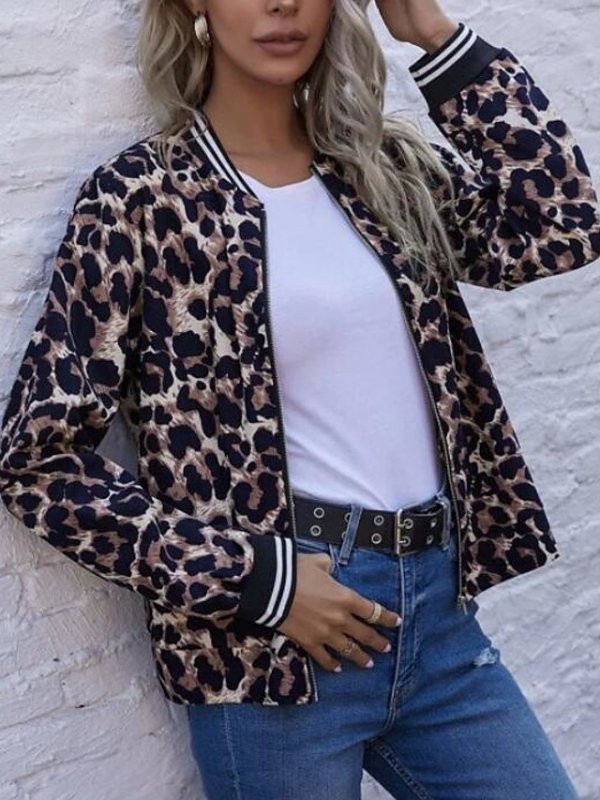 Women's Zipper Jacket Regular Leopard Going Out Yellow