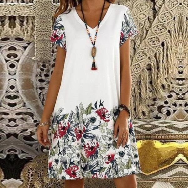 Trendy V-Neck Short Sleeve Printed Mini Dress