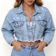 Women's Denim Jacket Short Solid Colored Daily Denim Blue Light Blue