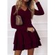 Vintage V-Neck Burgundy Plain Mini Dress